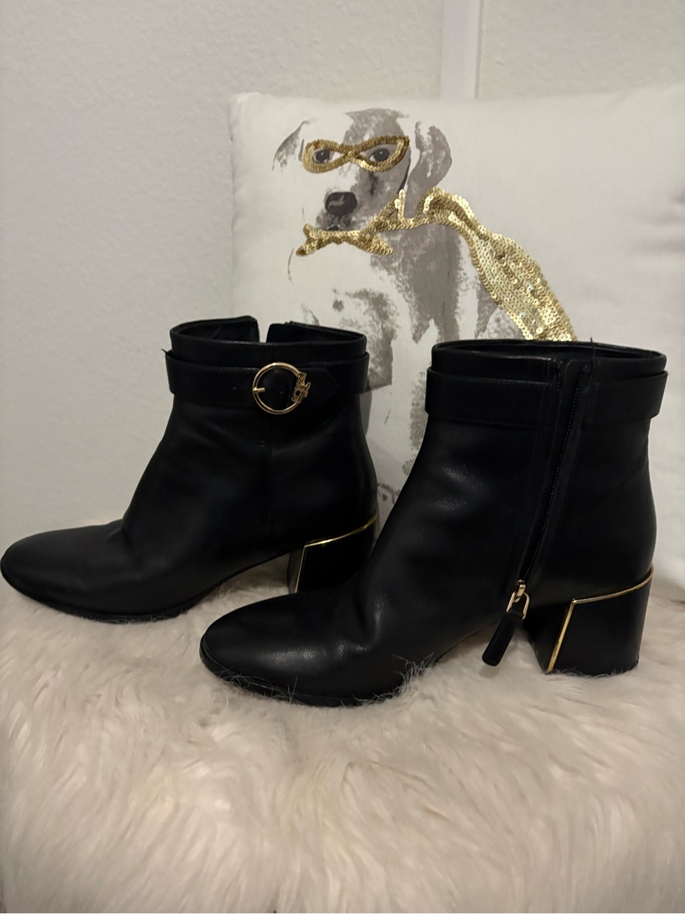 Tory Burch Black Leather Ankle Boots with Gold Trim